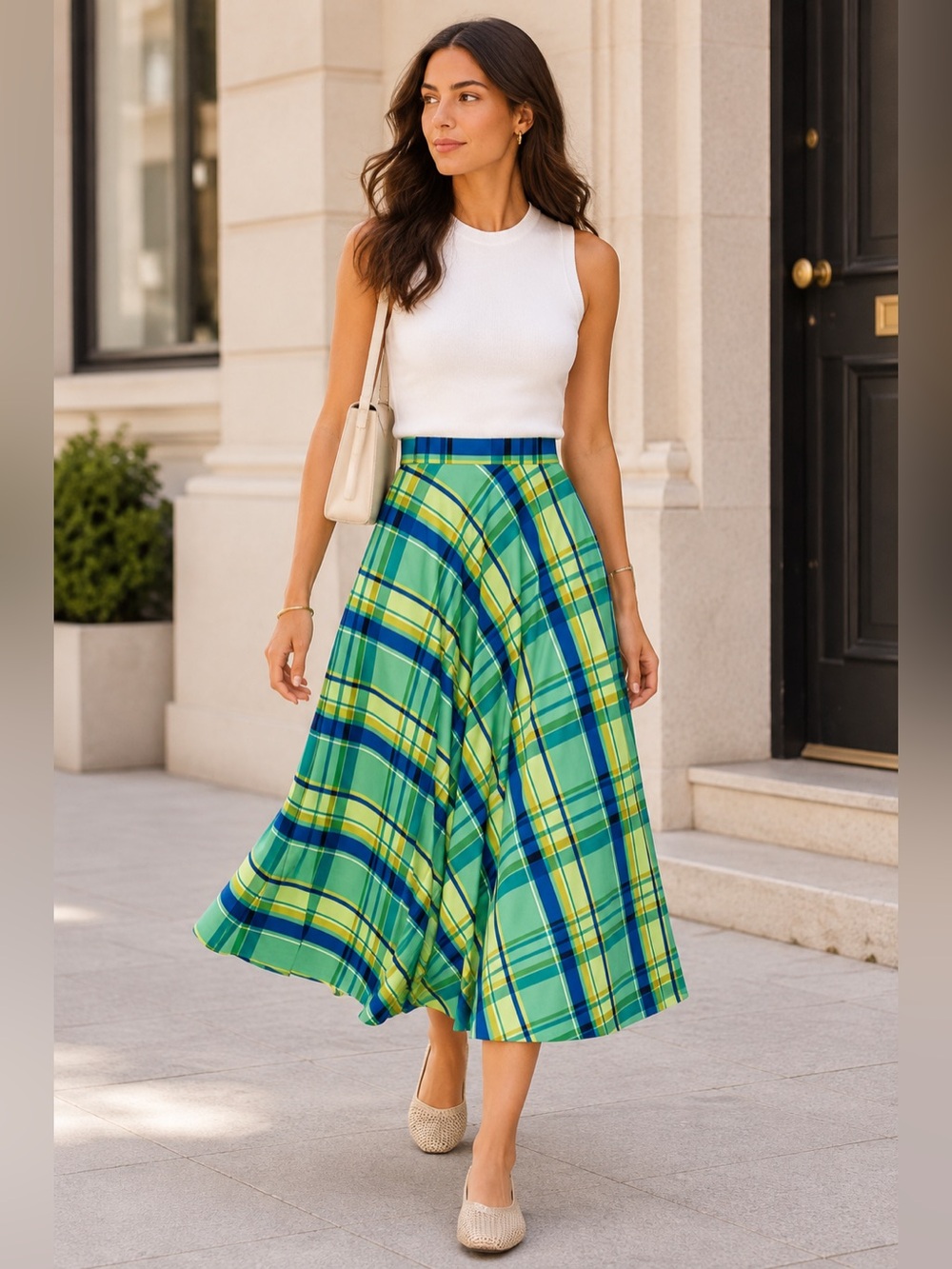 Zara ZW Collection NWT Plaid A-Line Midi Skirt - Green Blue Pleated Check Skirt